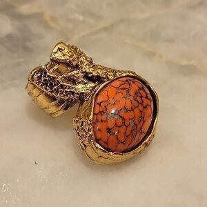 Yves Saint Laurent YSL Sz 6 Arty Orange Coral Cabochon Limited RARE 24KT Gold